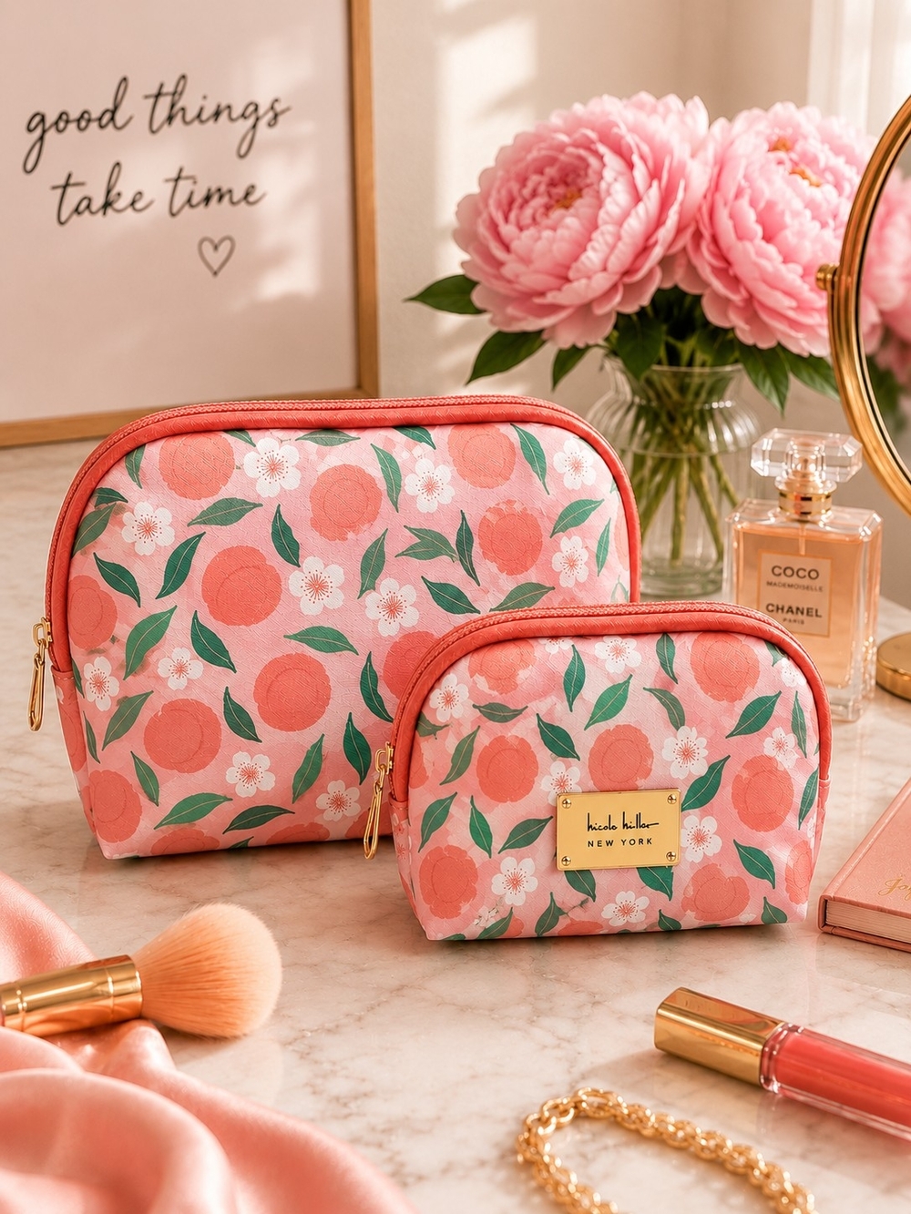 Nicole Miller Peach Print 2PC Cosmetic Bag Set NWT